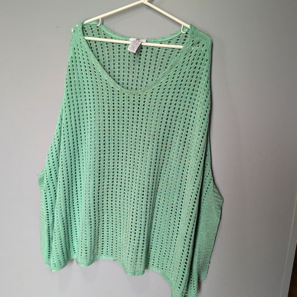 Big Buddha. Mint Green Knit Eyelet Poncho With Button Hand Openings At Bottom.
